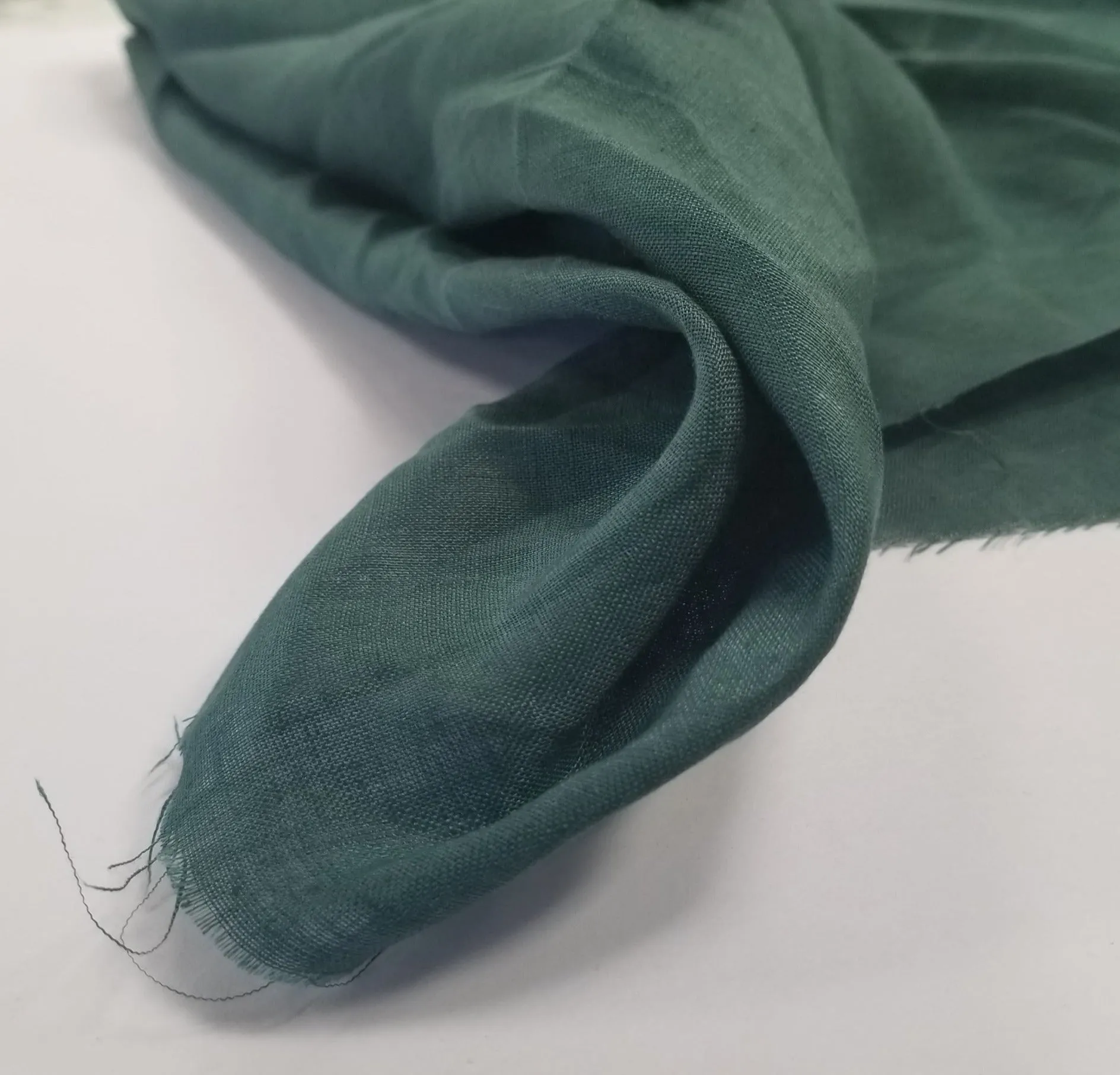 End of Bolt: 1.5 yards  of Designer Deadstock Lightweight Laundered Hunter Green 100% Linen Sheer Woven