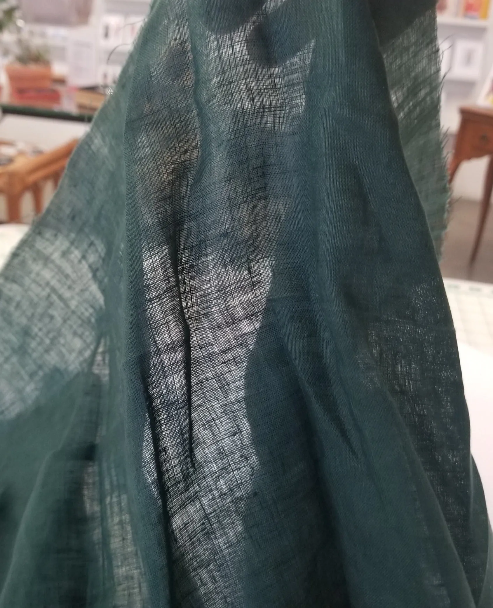 End of Bolt: 1.5 yards  of Designer Deadstock Lightweight Laundered Hunter Green 100% Linen Sheer Woven