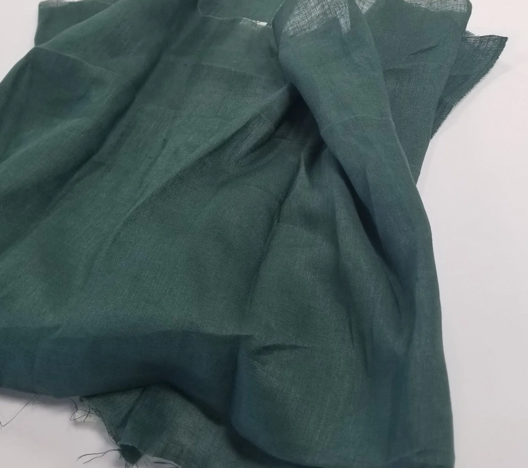 End of Bolt: 1.5 yards  of Designer Deadstock Lightweight Laundered Hunter Green 100% Linen Sheer Woven