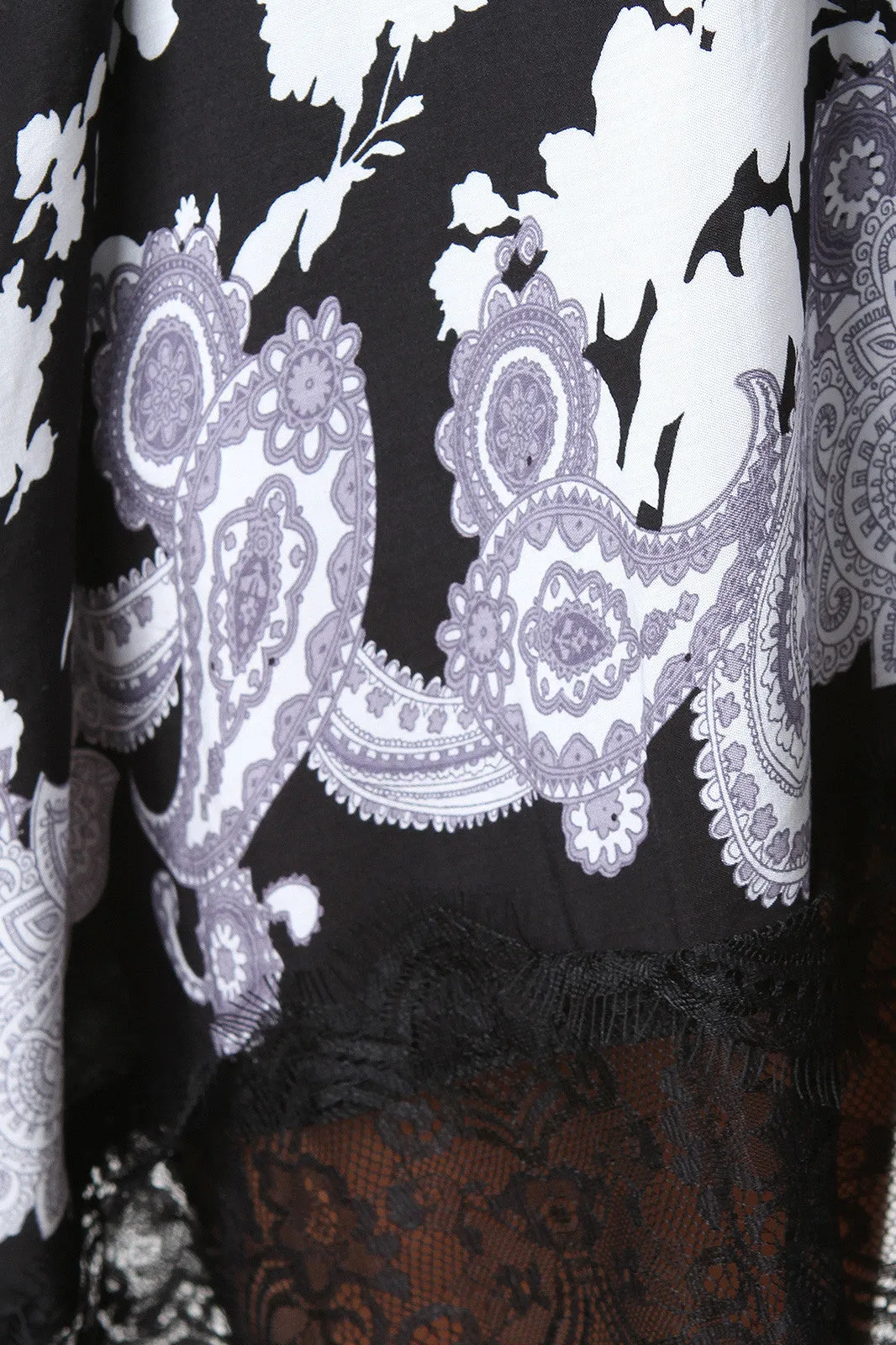 Floral Print Lace-Hem Elbow Sleeves Open Front Kimono