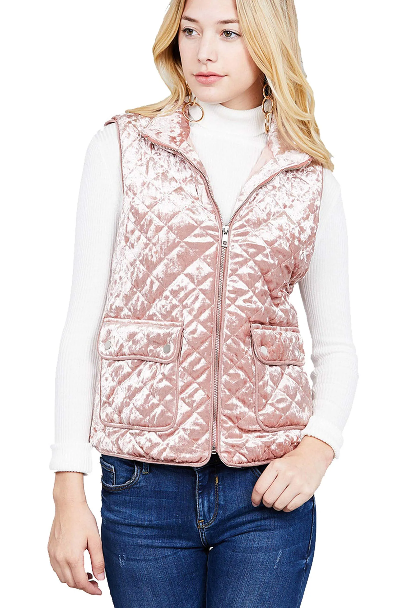 Khanomak Women's Quilted Padding Piping Detail Velvet Vest