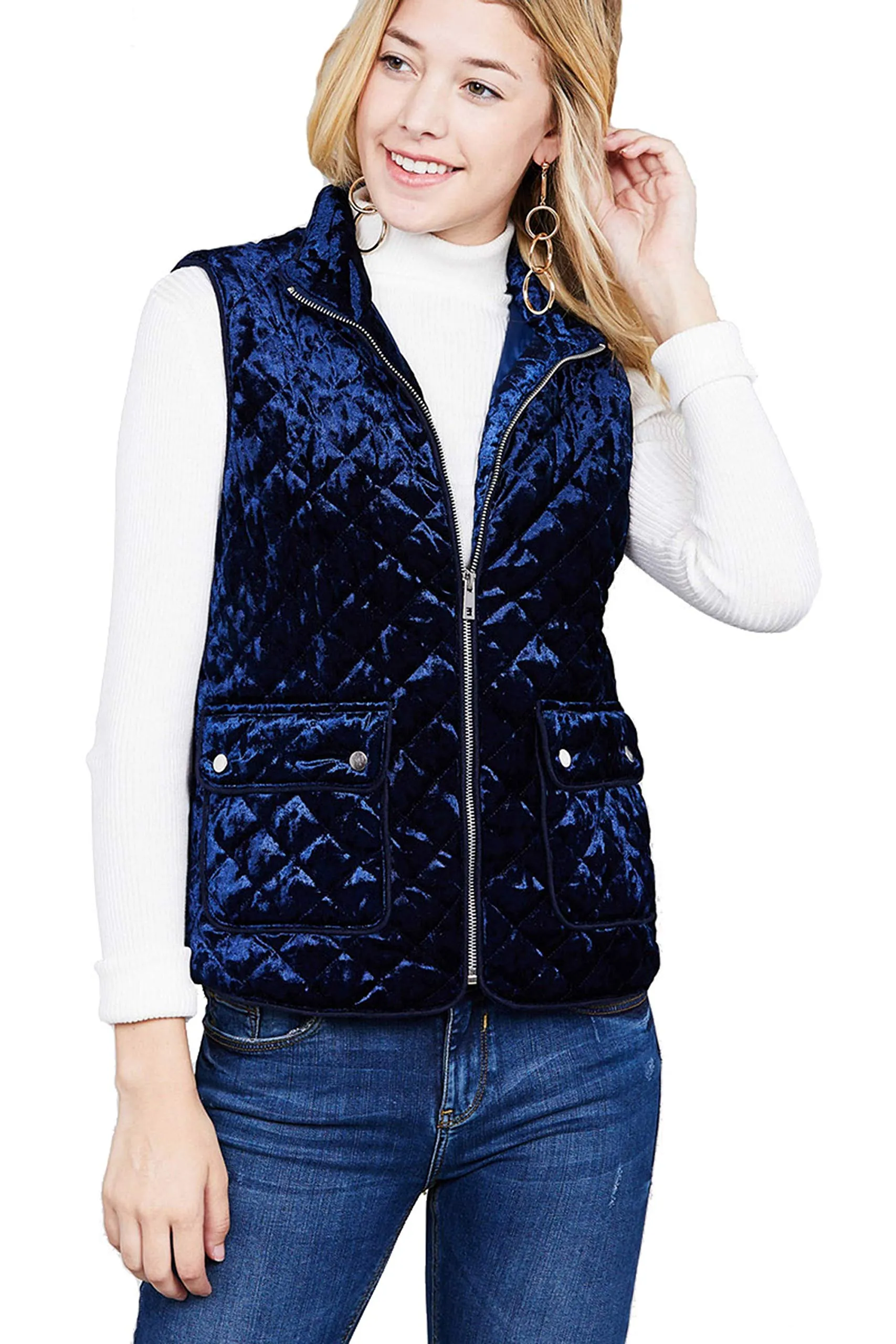 Khanomak Women's Quilted Padding Piping Detail Velvet Vest