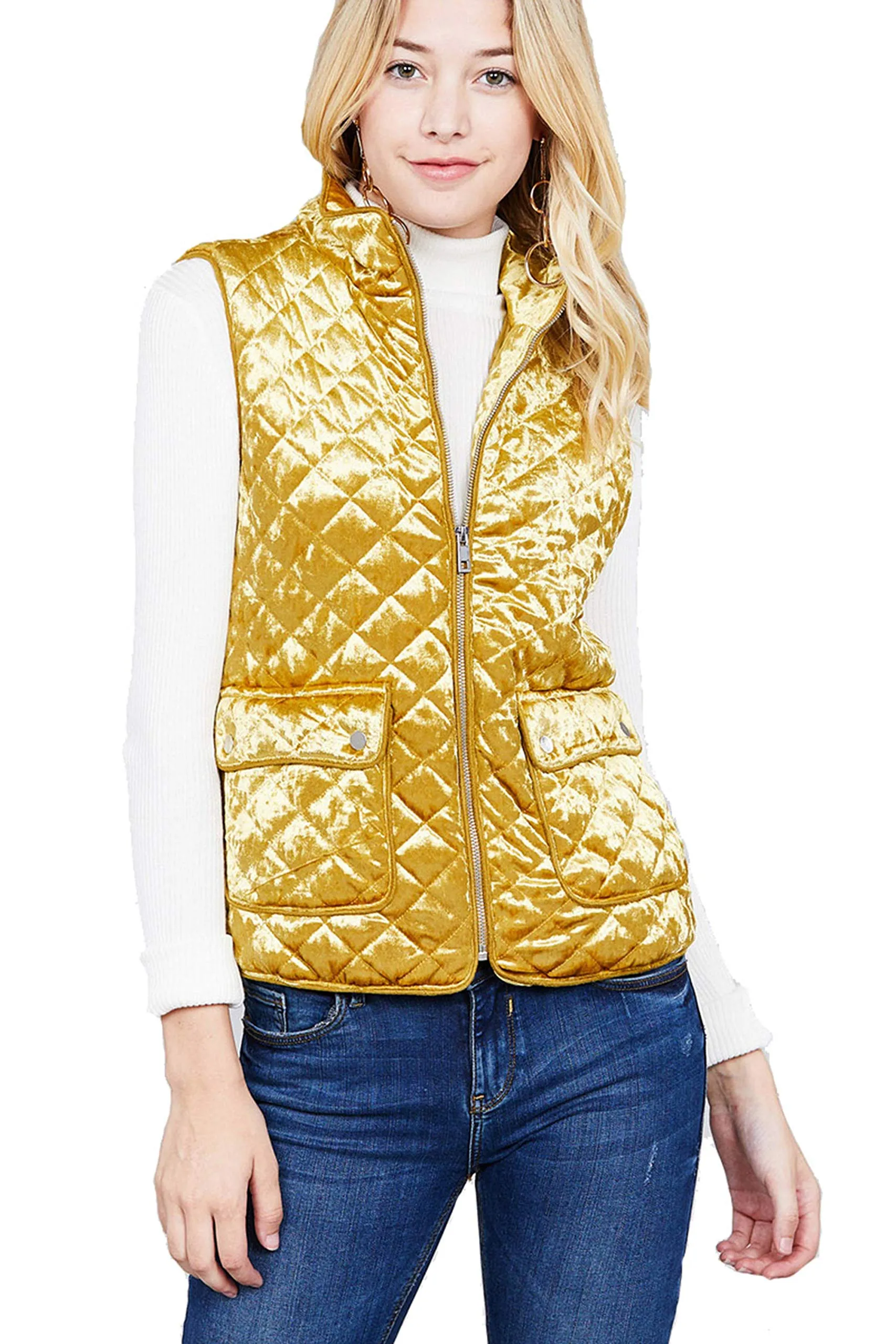 Khanomak Women's Quilted Padding Piping Detail Velvet Vest