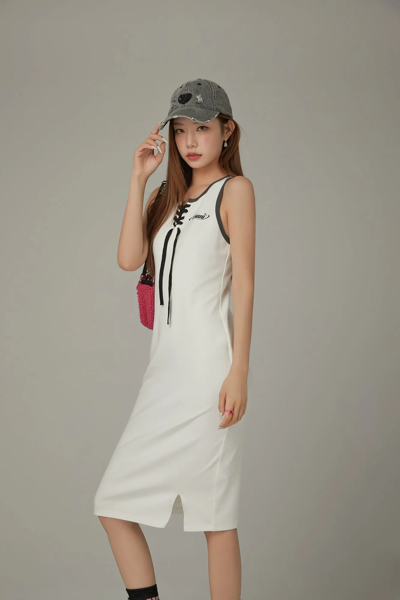 Lace Up Color Matching Sporty Long Dress