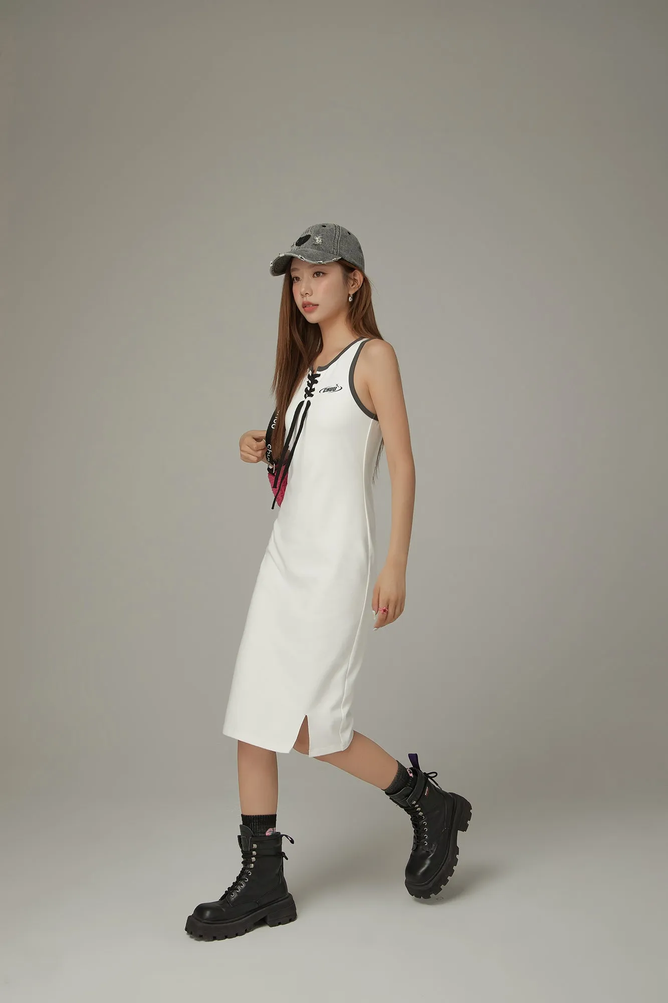 Lace Up Color Matching Sporty Long Dress